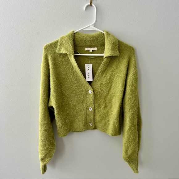 Pacsun LA Hearts Green Fuzzy Cropped Cardigan NWT Size Extra Small - Picture 1 of 9